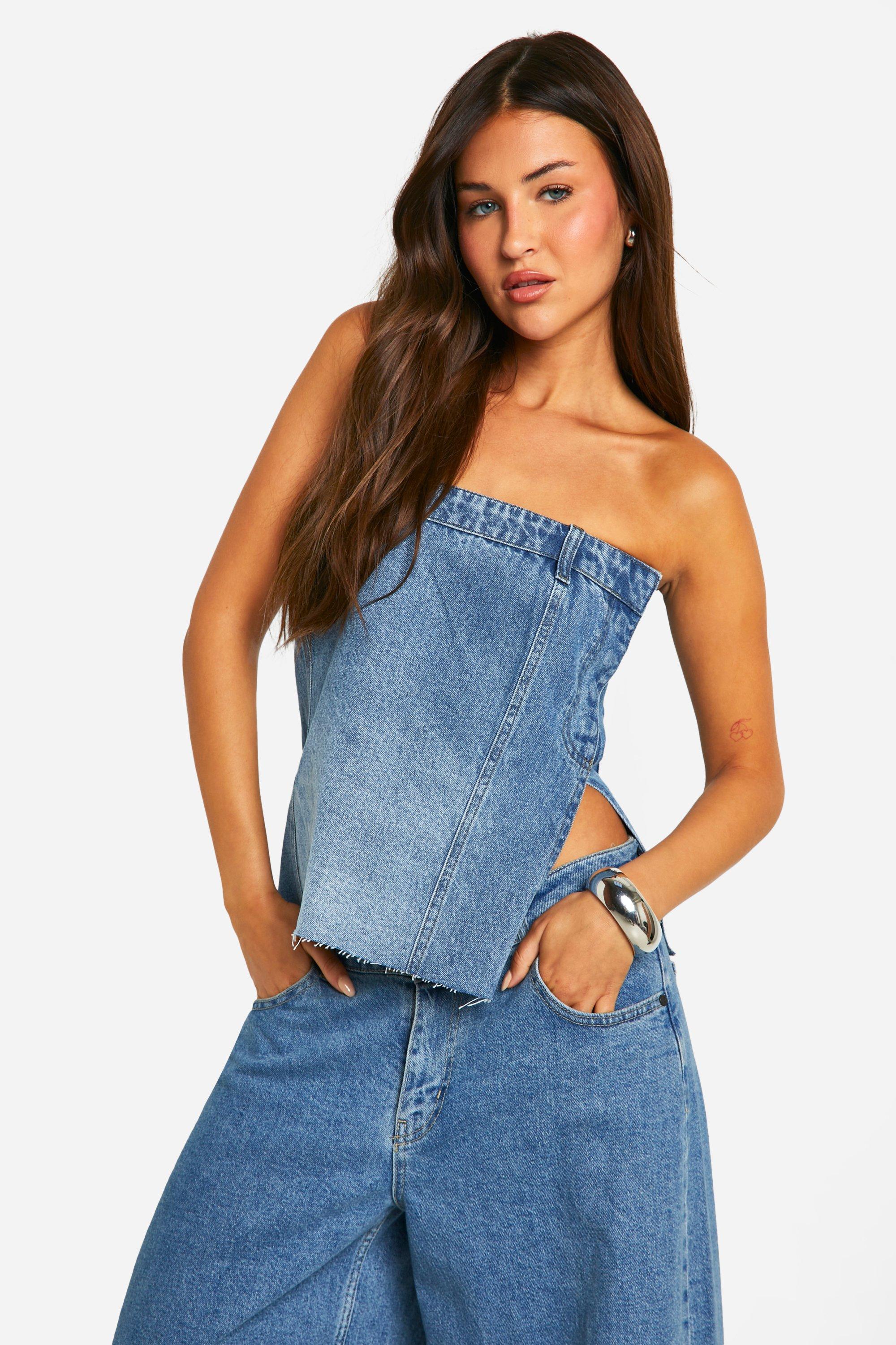 売れ筋商品|||マッデンガール カットソー トップス レディース Juniors' Denim Tube Top Medium Wash Denim Denim Tube Top